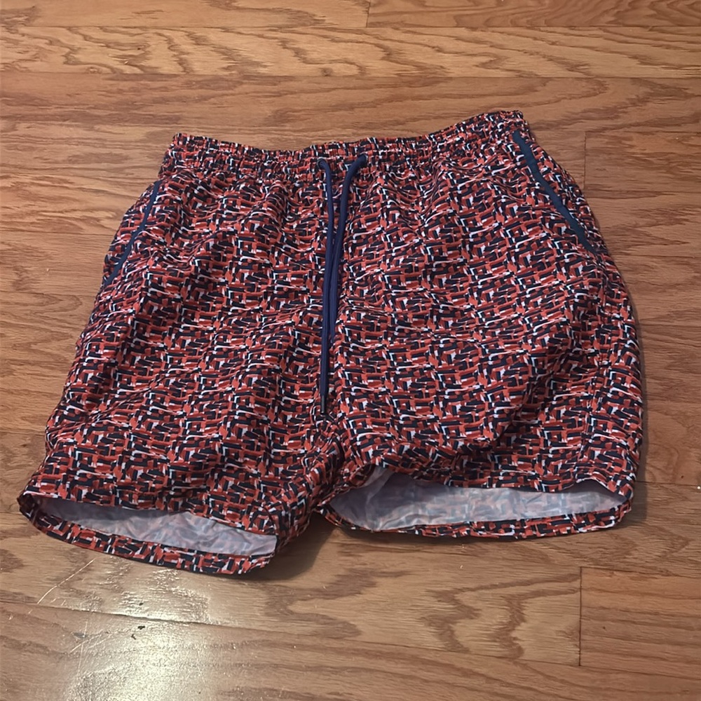 Mr.Swim Men’s Printed Blue, Red, White, & Orange Swim Trunks with Pockets L